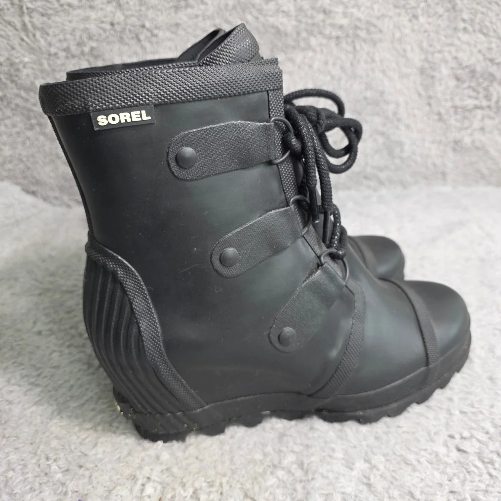 Sorel‎ Medina IV Wedge Rain Boot Black Rubber Combat Goth Snow Women 8.5